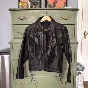 Elegant Black Leather Fringe Jacket
